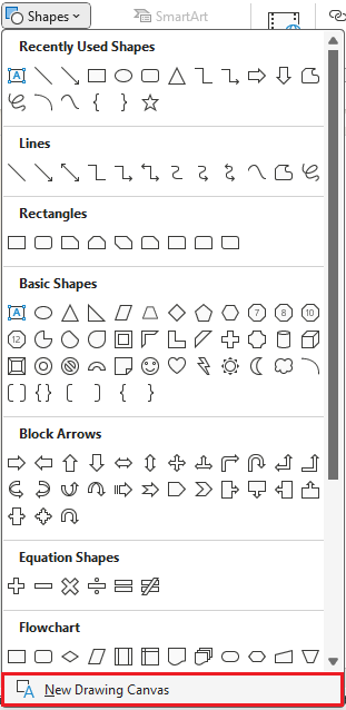 Drawing canvas option from Shapes menu on ribbon in Word